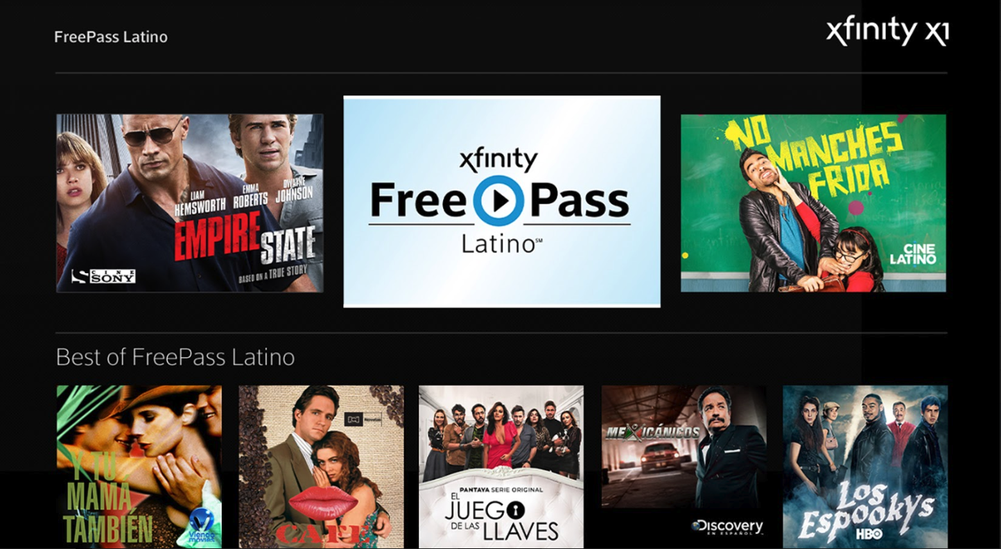 The FreePass Latino hub on Xfinity.